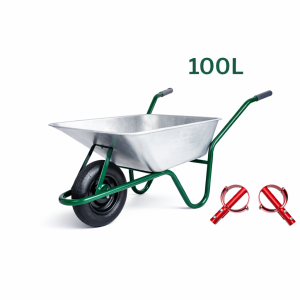 Roabă cu cuvă zincată 100L, cadru verde, roată pneumatică 350x8 D.E.T.E.X. și mânere ergonomice