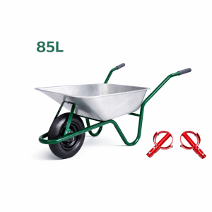 Roabă cu cuvă zincată 85L, cadru verde, roată pneumatică 350x8 + mânere ergonomice pentru roabă basculabilă